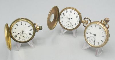 Waltham rolled gold keyless open face pocket watch, white enamel dial with subsidiary seconds,