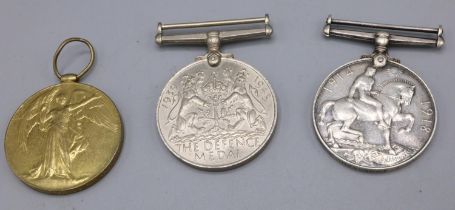 Two standard issue WWI medals for 33745 Pte. Anderson K.S.L.I., and a WWII Defence Medal (3)