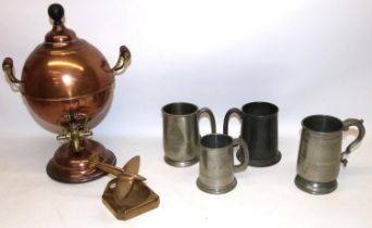 Group of metalware, comprising a copper and brass samovar, H36cm; brass model of a spitfire with