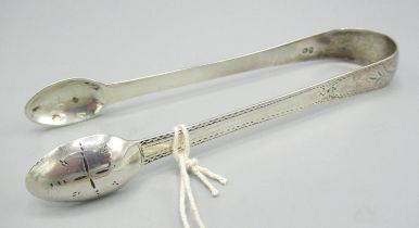 Pair of Georgian silver sugar tongs with bright cut decoration, 0.83ozt