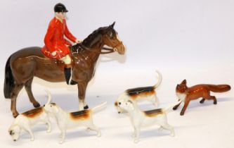 Beswick Huntsman on bay/brown horse No. 1501, fox No. 1440 with black tipped tail, and four