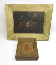 WITHDRAWN - C19th - farmyard scene, oil on canvas W38cm H28cm and a wall mounted key box with inset