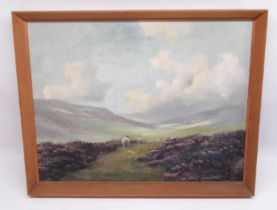 Lewis Creighton (British 1918-1996) - Sheep Grazing Amongst Heather Moorland, oil on board signed