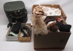 Collection of vintage ladies clothes inc. dresses, tea towels, stoles, etc. (3 boxes)
