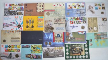 Collection of Royal Mint/Royal Mail FDC's with commemorative coins, incl. 3 albums with 40 covers,