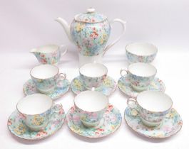 Shelley Melody 15 piece teaset comprising teapot H19cm, cream, sugar and six cups and saucers, Rd.