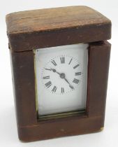 Early C20th brass cased carriage clock timepiece, white enamel Roman dial, visible platform lever