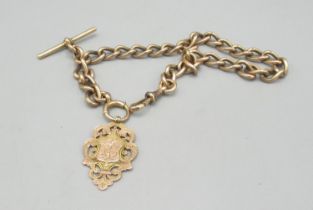 Early C20th 9ct rose gold curb link single watch Albert and presentation fob dated 1906, hallmarked,