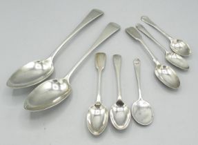 Pair of Geo.111 hallmarked silver Old English pattern table spoons, London 1812, a pair of Victorian