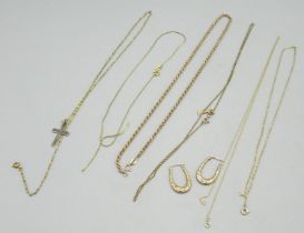 9ct yellow gold rope twist necklace, L46cm, five more 9ct yellow necklaces, one with silver cross