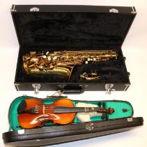 Espirit by Fairfield Saxophone and a violin, both cased (2)