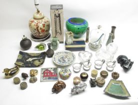 Collection of glass, ceramics, metal ware inc. green glass paperweight, oriental lamp with Cherry