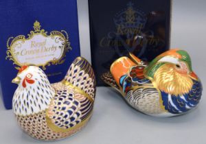 Two Royal Crown Derby paperweights: Chicken and Mandarin Duck, with boxes (2)