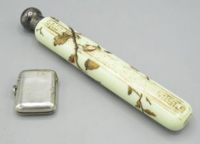 Victorian opaque glass scent bottle, hand painted decoration with silver top, London 1886 and an