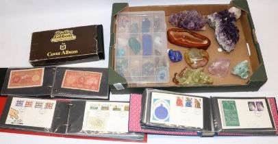 Collection of stones/minerals incl. amethyst; collection of bank notes; and a quantity of First