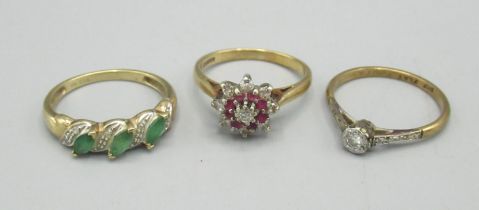 9ct yellow gold diamond and ruby cluster ring, size L1/2, and two more 9ct gold rings, all stamped