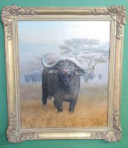 Elizabeth M Halstead (British C20th); Water Buffalo with herd in a landscape, oil on board, signed