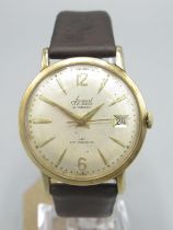 Accurist gold automatic wristwatch with date, signed silvered dial with applied Arabic and baton