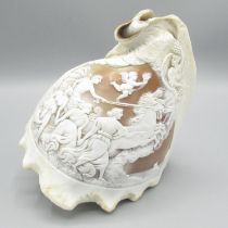 A conch shell with Italian cameo carving depicting a classical scene H12cm