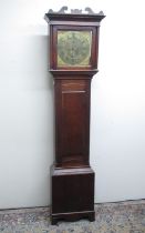 C18th oak long case clock, brass 12in dial with subsidiary seconds and date aperture signed Benj.