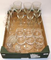 C20th part suite of wine glasses with spiral twist stems, six custard glasses, two lead crystal