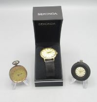 Sekonda gold plated hand wound wristwatch with date, signed cream dial with applied baton hours