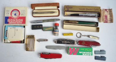 Collection of vintage pens, pencils, lighters and pen knives incl. a Wahl Eversharp silver pencil,