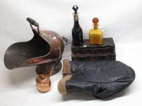 Pelso Regd. leather foot mitt, late Victorian Bristol green decanter with silver plate mount with