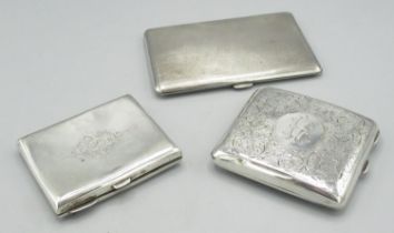 Three post-1900 hallmarked silver rectangular cigarette cases, variously decorated, Birmingham