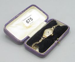 Swiss - ladies Art Deco period gold hand wound cocktail wristwatch, silvered dial, two piece case