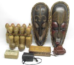 C20th pair of carved African carved and painted tribal masks, set of bar bowls, mid C20th