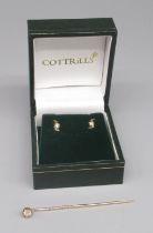 Pair of 18ct yellow gold diamond set earrings, stamped 750, 1.4g, and a yellow metal tie pin with
