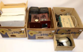 Twelve pairs of vintage style clock radios/book ends, majority boxed; vintage fire alarm bell;