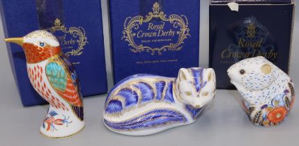 Three Royal Crown Derby paperweights, Hummingbird, Blue Fox, and Poppy Mouse, with boxes (3)
