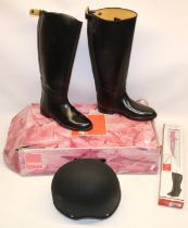 Toggi size 7 long riding boots, Champion Euro Deluxe Jockey Helmet riding hat 7 1/2, and a long boot