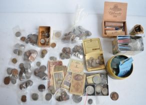 Collection of GB and international coins and banknotes incl. Italian currency, pennies, shillings,