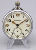 Jaeger LeCoultre WWII British Military Issue chrome plated keyless open faced pocket watch, signed