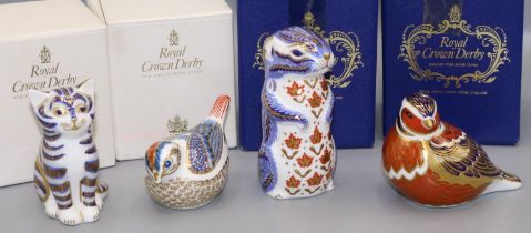 Four Royal Crown Derby paperweights: Chipmunk, Chaffinch, Goldcrest, and Grey Kitten, with boxes (4)