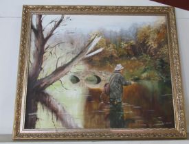 G. Wright (British C20th); Trout Fishing, oil on canvas, signed, 60cm x 73cm