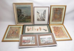 Unsigned oil of coastal scene, framed watercolour of continental village street, 3 framed prints