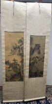 C20th pair of Japanese watercolour on silk landscape scenes mounted on textured rice paper,