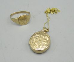 9ct yellow gold signet ring with engraved corner detail, size O, and a 9ct yellow gold locket