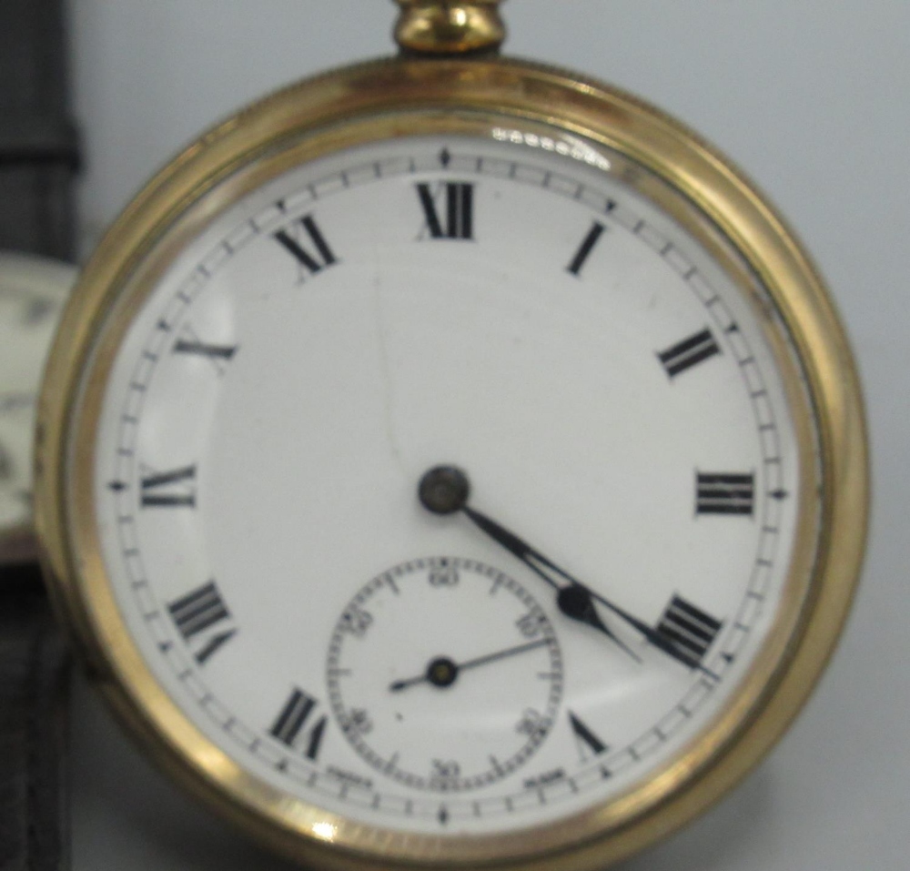 Swiss - rolled gold keyless open faced pocket watch, white enamel Roman dial with subsidiary - Image 4 of 6