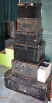 Vintage metal trunk, five similar metal deed boxes and a Cathedral safe box with keys (7)
