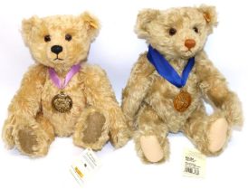 Two Steiff commemorative year bears in blonde mohair: one with 2003 medallion on lilac ribbon