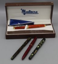 Boxed Mentmore fountain pen, mottled amber coloured body, Huahong nib; Marbie, Todd & Co. Ltd.