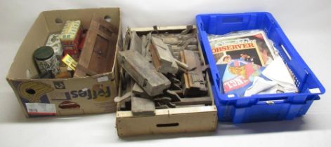 Mixed collection of old tins, fabrics, Royal Family books & newspapers, and 29 old wood planes a/