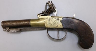 H. Nock of London flintlock pocket pistol, engraved brass action with 2`3/4" turn off rifled barrel,