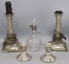 Pair of silver candlestick table lamps having presentation inscription to Mr R Cartwright,