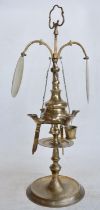 Unusual antique brass students paraffin fed table lamp with carry handle and 4 lights with hanging